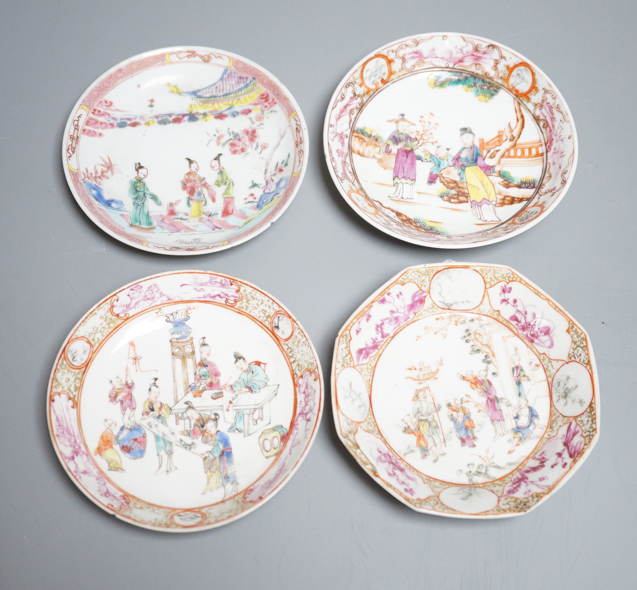 A group of four 18th century Chinese export famille rose saucers